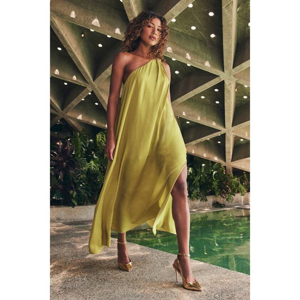 Lulus Goddess Aura Chartreuse Satin One-shoulder Maxi Dress Green - Size XXL